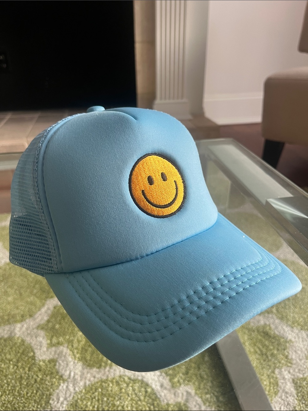 Light Blue Smiley Patch Trucker Hat